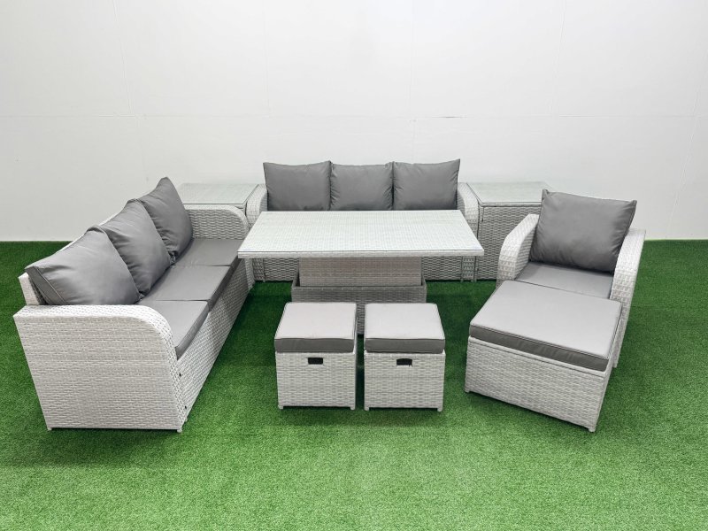 Fimous 10 Seater Poly Rattan Outdoor Garden Furniture Adjustable Lifting Dining or Coffee Table Sofa Set Patio 3 Seater Sofa Reclining Chair 3 Seater Sofa 3 Stools 2 Side Table Light Grey