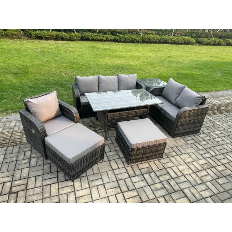 Fimous 7 Piece Rattan Garden Furniture Set with Patio Sofa Rectangular Dining Table Side Table 2 Big Footstool Indoor Conservatory Patio Set