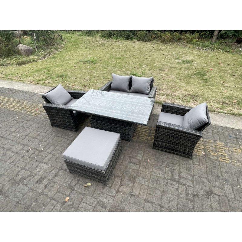 Fimous Rattan Outdoor Furniture Adjustable Rising Lifting Rectangle Dining Table Chairs Two Seater Love Sofa Sets Big Footstools 5 Seater