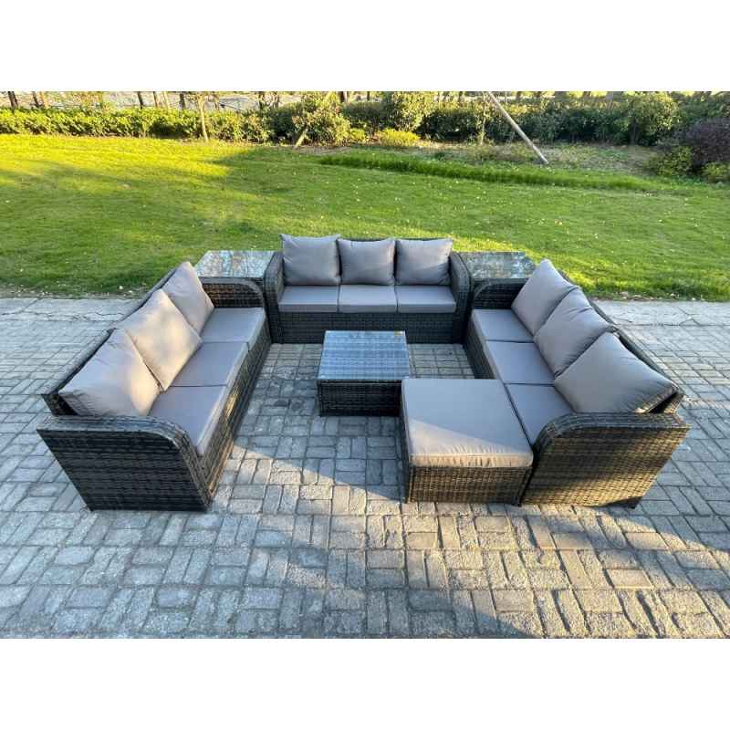 Fimous Rattan Outdoor Furniture Set Patio Garden Sofa Set with Square Coffee Table Big Footstool 2 Side Tables Dark Grey Mixed