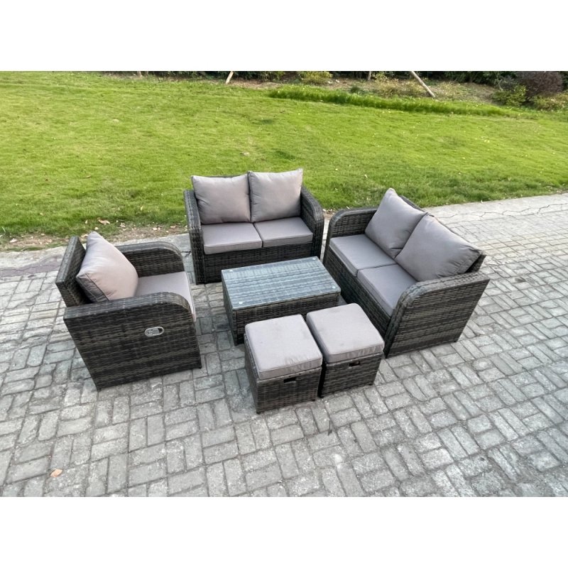 Fimous High Back Rattan Garden Furniture Set with Loveseat Sofa Rectangular Coffee Table 2 Small Footstools Indoor Outdoor Patio Lounge Sofa Set Dark Grey Mixed