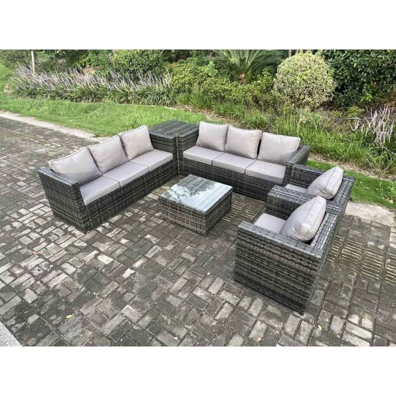 Fimous 8 Seater Rattan Garden Furniture Set Patio Outdoor Lounge Sofa Set with 2 Armchairs Side Table Square Coffee Table Dark Grey Mixed
