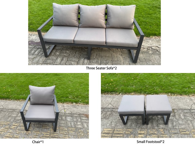 Fimous Aluminium Garden Furniture Sets,8 Seater Outdoor Sofa Dining Set with Adjustable Rising Lifting Dining Table 2 Side Tables Big Footstool for Yard,Poolside, Patio, Dark Grey