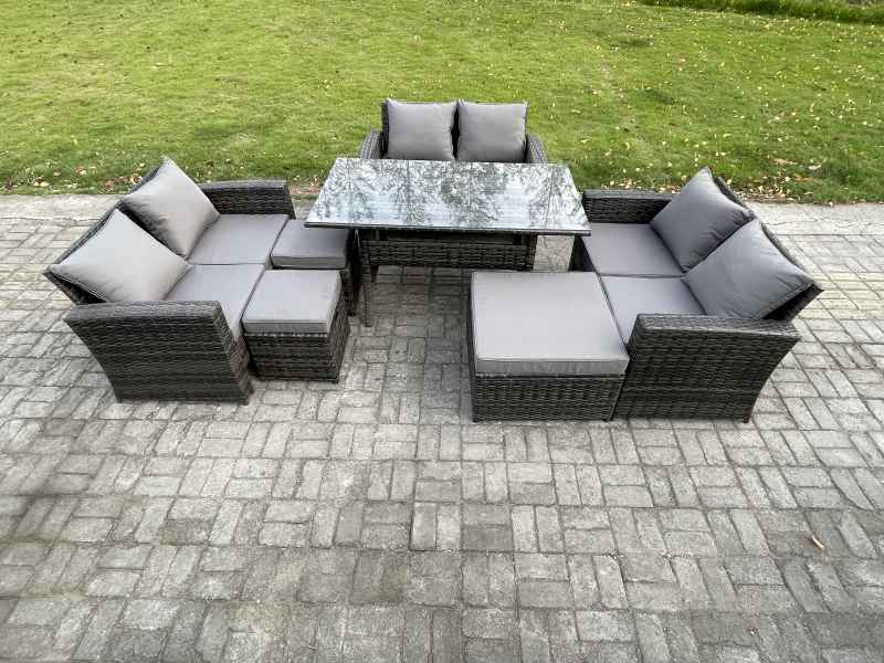 Fimous Wicker PE Rattan Garden Furniture Sets Outdoor Lounge Sofa Set with Oblong Dining Table Double Seat Sofa 3 Footstools Dark Grey Mixed