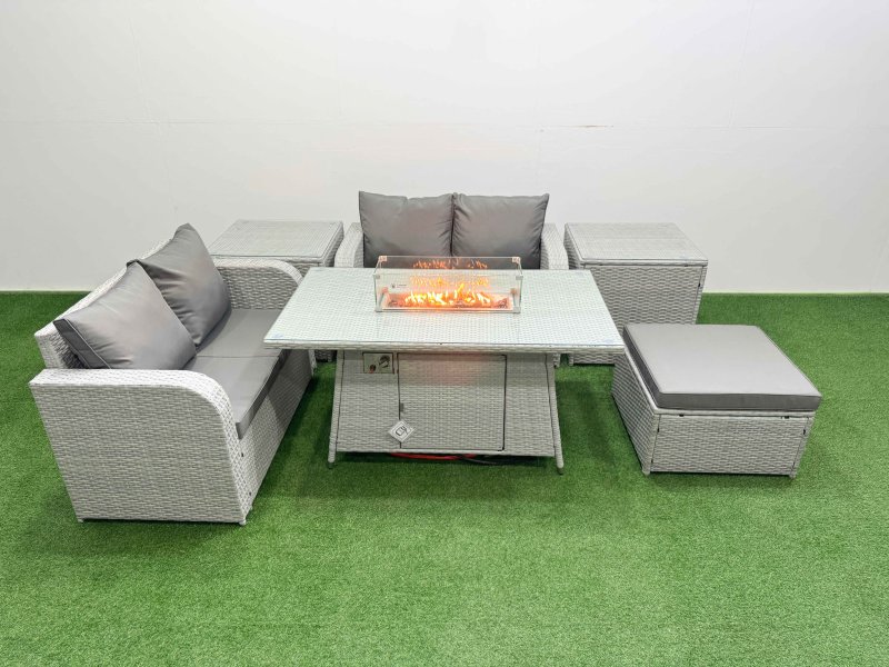 Fimous 5 Seater Outdoor Love Sofa Set Rattan Garden Furniture Set with Firepit Dining Table Big Footstool 2 Side Tables Light Grey