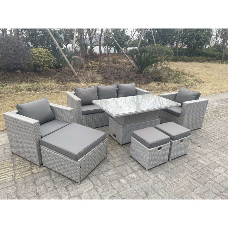 Fimous Rattan Garden Funiture Set Adjustable Rising Lifting Table Lounge Sofa Dining Set 2 Chairs Big And Small Footstool