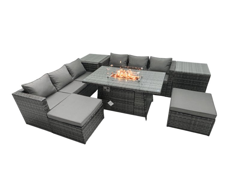 Fimous Rattan Garden Furniture Firepit Dining Set 8 Seater Lounge Sofa Table Set with 2 Side Tables 2 Footstool