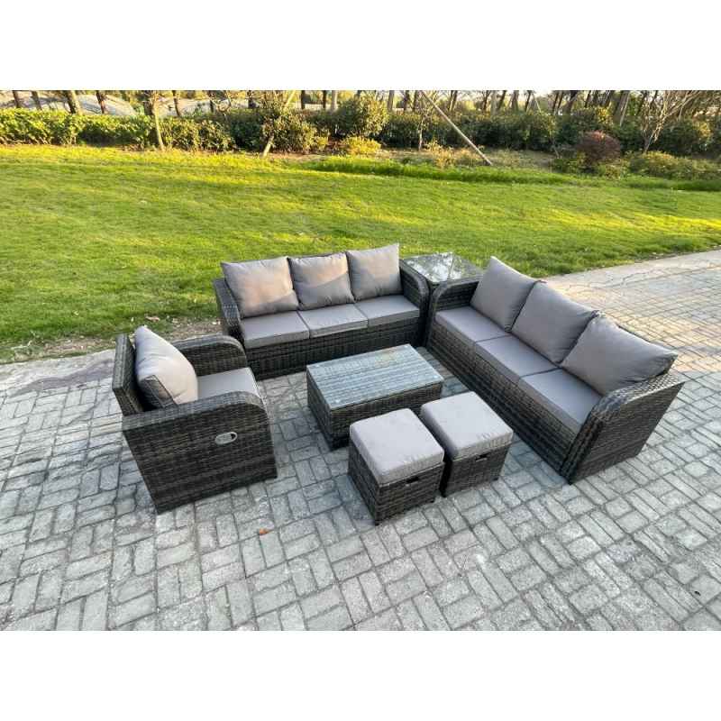 Fimous 9 Seater Rattan Outdoor Garden Furniture Sofa Set Patio Table & Chairs Set with 3 Seater Sofa Reclining Chair 3 Seater Sofa Side Table 2 Small Footstools Dark Grey Mixed