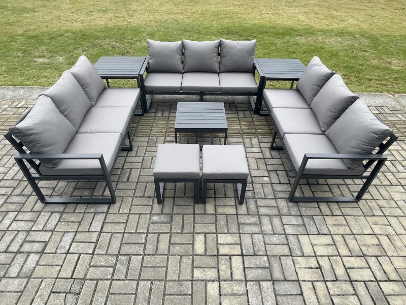 Fimous Aluminium 11 Seater Outdoor Garden Furniture Set Patio Lounge Sofa with Square Coffee Table 2 Side Tables 2 Small Footstools Conservatory Set Dark Grey