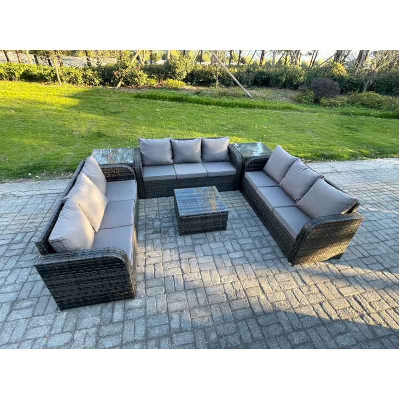 Fimous Rattan Outdoor Furniture Set Patio Garden Sofa Set with 2 Side Table Square Coffee Table Dark Grey Mixed