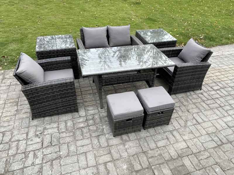 Fimous 6 Seater PE Wicker Outdoor Garden Furniture Set Patio Furniture Rattan Rectangular Dining Table Lounge Sofa with 2 Small Footstools 2 Side Tables
