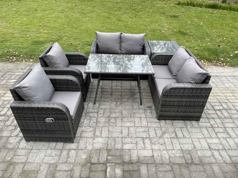 Fimous Wicker PE Rattan Garden Dining Set Outdoor Furniture Sofa with Rectangular Dining Table Side Table Dark Grey Mixed