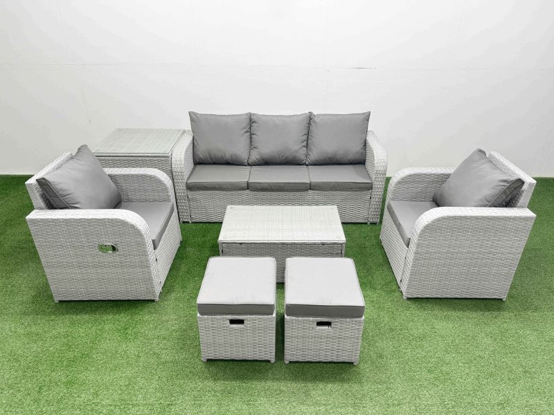 Fimous PE Rattan Garden Furniture Set Reclining Chair Sofa Lounge Sofa Set Oblong Coffee Table Side Table 2 Small Stools Light Grey