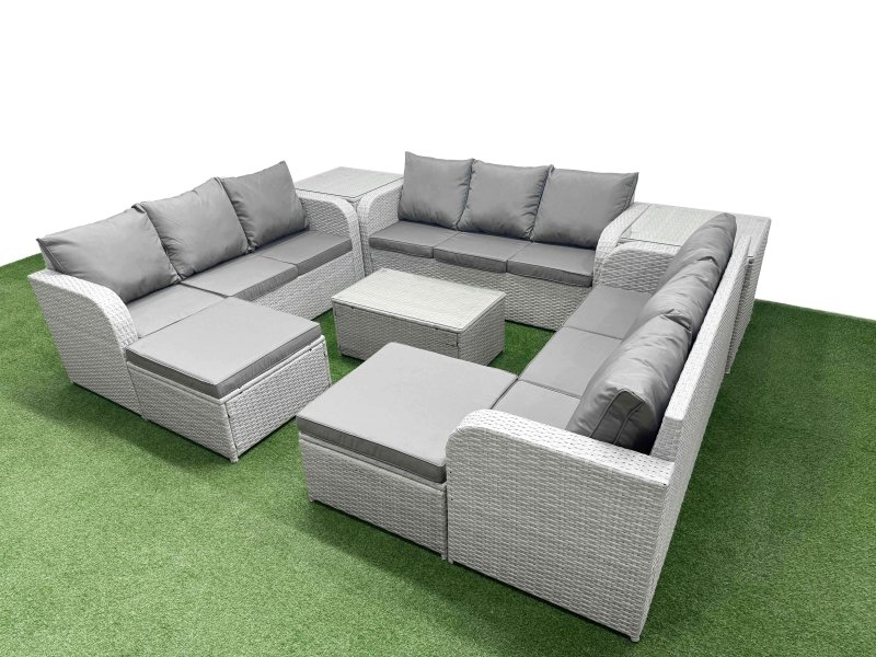 Fimous PE Rattan Lounge Sofa Set 11 Seater Outdoor Garden Furniture Set with Rectangular Coffee Table 3 Seater Sofa 2 Big Footstools 2 Side Table Light Grey