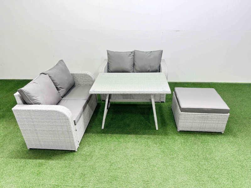 Fimous 5 Seat Outdoor Love Sofa Set Rattan Garden Furniture Set with Rectangular Dining Table Big Footstool Light Grey
