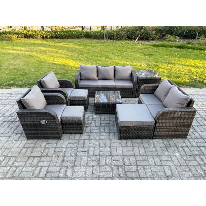 Fimous 10 Seater Garden Furniture Set Rattan Outdoor Lounge Sofa Chair With Tempered Glass Table 3 Footstools Side Table Dark Grey Mixed