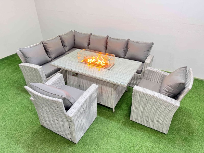 Fimous Rattan Corner Sofa Chair Set Outdoor Furniture Garden Dining Sets Gas Fire Pit Table with Temper Glass Light Grey Mixed