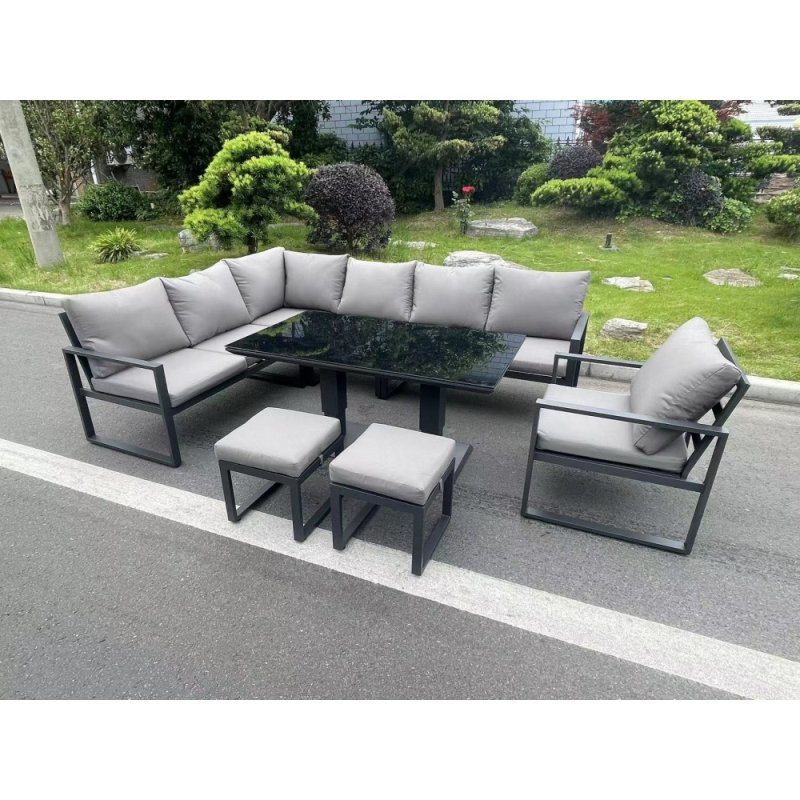 Fimous Aluminum Outdoor Garden Furniture Corner Sofa Chair Footstools Adjustable Rising Lifting Dining Table Sets Dark Grey Black Tempered Glass 9 Seater