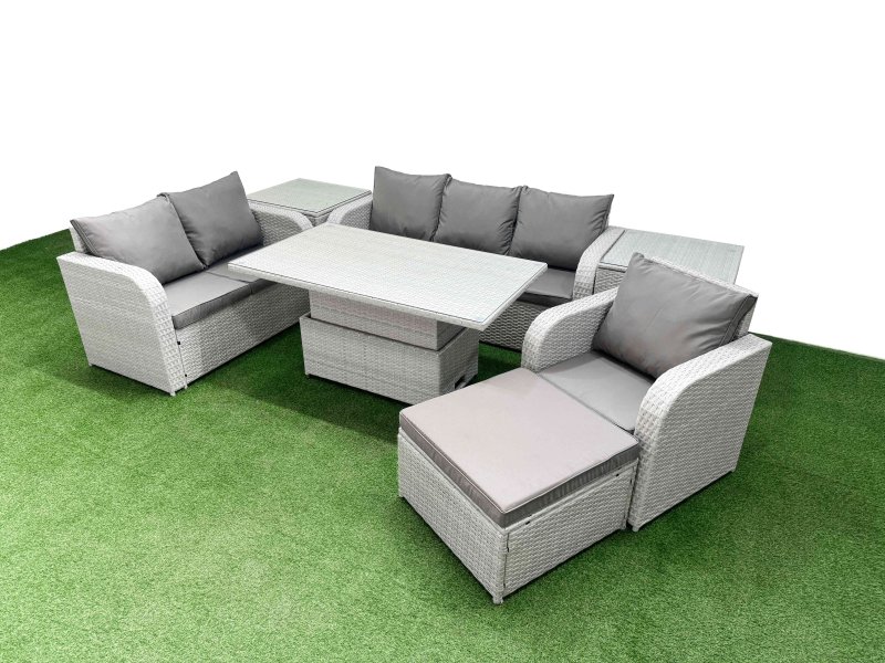 Fimous Patio PE Wicker 7 Seater Outdoor Rattan Furniture Sofa Sets with Adjustable Lifting Dining or Coffee Table Reclining Chair Loveseat Sofa 3 Seater Sofa Big Footstool 2 Side Table Light Grey