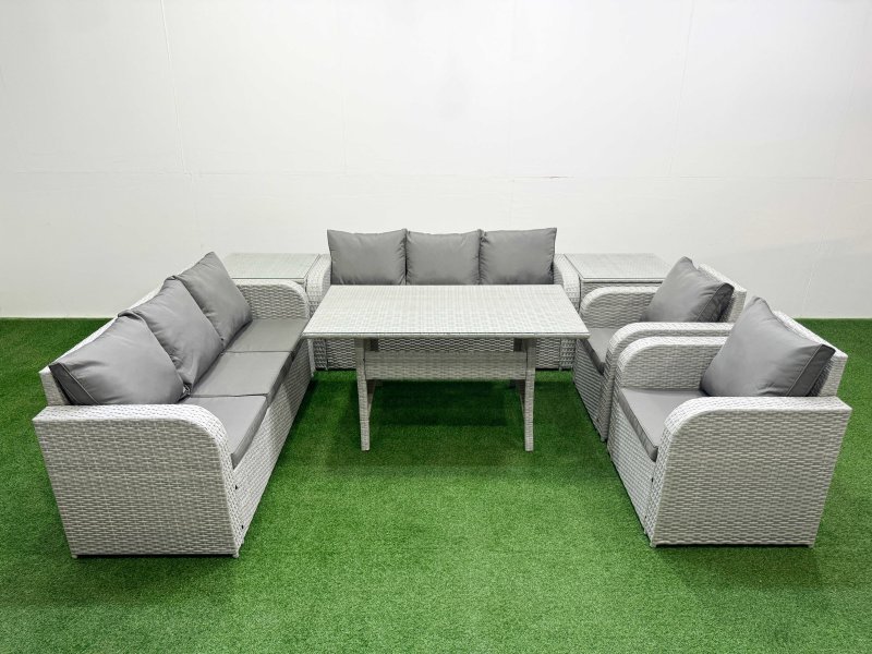 Fimous PE Rattan High Back Lounge Sofa Set Patio Rectangular Dining Table & Chairs Set with 3 Seater Sofa Reclining Chair 2 Side Table Light Grey