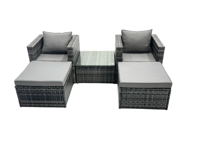 Fimous Outdoor Rattan Garden Furniture Set 4 Seater Patio Lounge Sofa Set with Armchair Square Coffee Table 2 Big Footstools Dark Grey Mixed