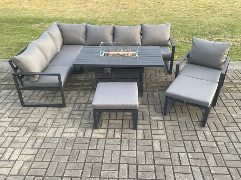 Fimous Aluminium Patio Outdoor Garden Furniture Corner Sofa Set Gas Fire Pit Dining Table with Chair 2 Big Footstools Dark Grey
