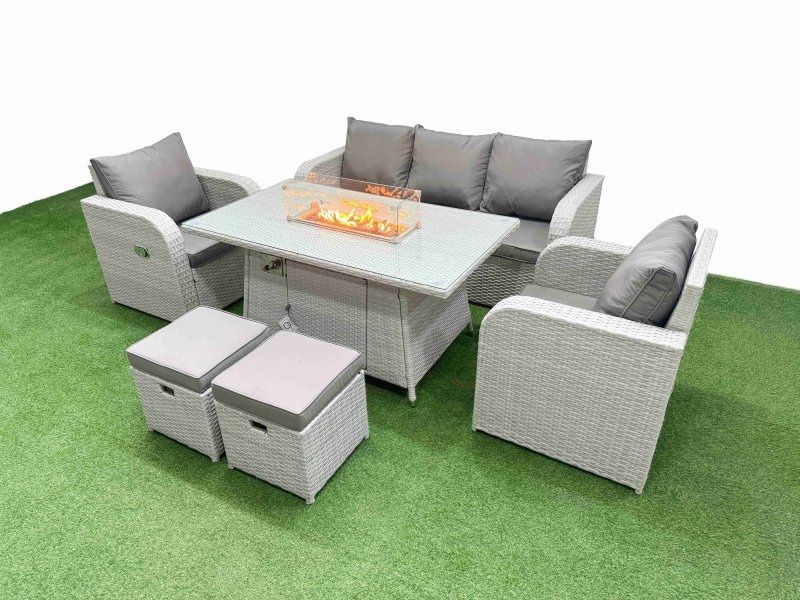 Fimous PE Rattan Garden Furniture Set Reclining Chair Sofa Lounge Sofa Set Firepit Dining Table 2 Small Stools Light Grey