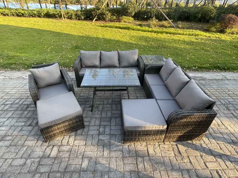 Fimous Wicker 7 Pieces Rattan Garden Furniture Sofa Set with Rectangular Dining Table Armchair 2 Big Footstool Side Table Dark Grey Mixed