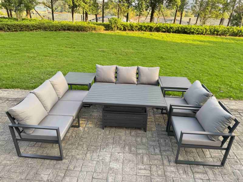 Fimous Garden Aluminium Furniture Set Dark Grey 8 Seater Outdoor Patio Adjustable Rising Lifting Dining Table with 2 Chairs Side Table Dark Grey