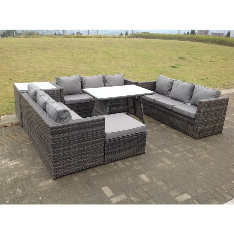 Fimous Outdoor Rattan Garden Furniture Lounge Sofa Set With Oblong Dining Table Side Coffee Table And Big Footstool