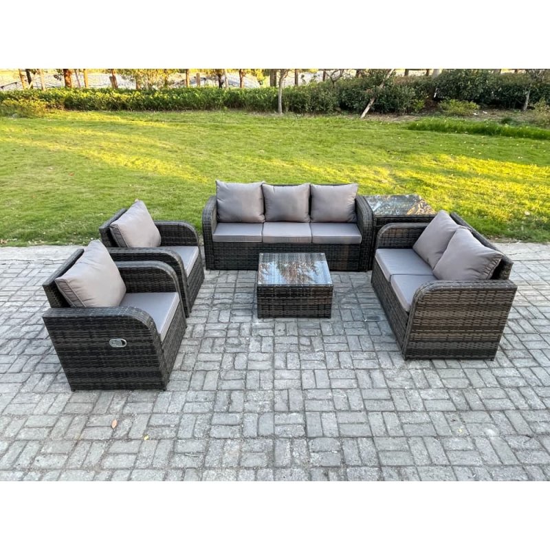 Fimous 7 Seater Garden Furniture Set Rattan Outdoor Lounge Sofa Chair With Tempered Glass Table Side Table Dark Grey Mixed