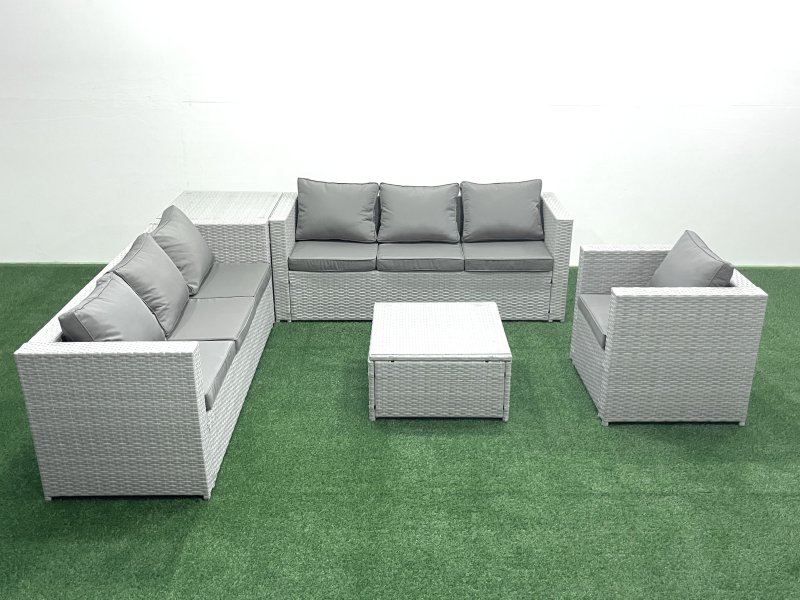 Fimous Wicker PE Rattan Sofa Garden Furniture Set with Armchair Square Coffee Table Side Table Light Grey Mixed
