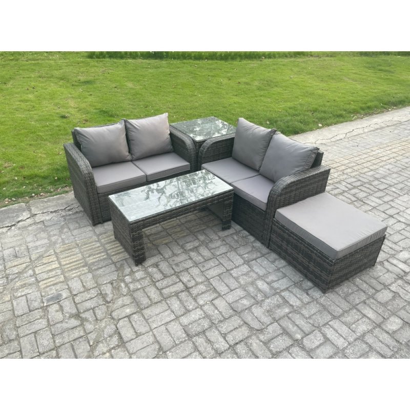 Fimous High Back Rattan Garden Furniture Set with Loveseat Sofa Rectangular Coffee Table Big Footstool Side Table Indoor Outdoor Patio Lounge Sofa Set Dark Grey Mixed