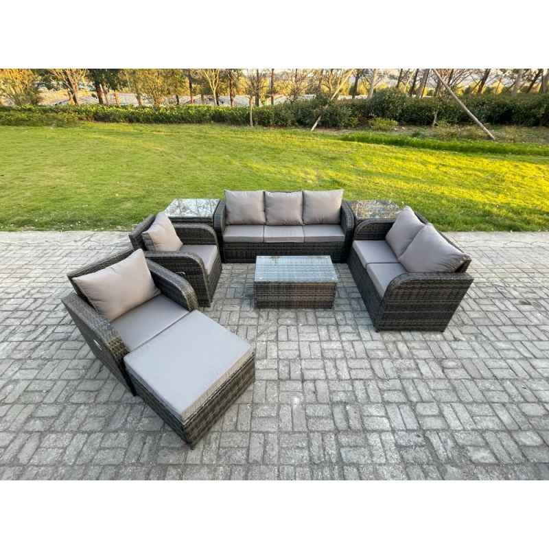 Fimous 8 Seater Rattan Wicker Garden Furniture Patio Conservatory Sofa Set with Rectangular Coffee Table 3 Seater Sofa Love Sofa Big Footstool 2 Side Tables