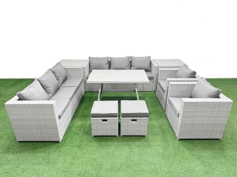 Fimous 10 Seater Garden Furniture Set PE Ratten Garden Sofa Set with Rectangular Dining Table 2 Small Stools 2 Side Tables Light Grey