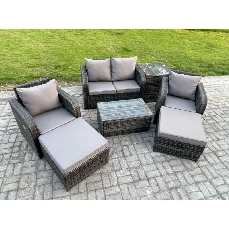 Fimous Outdoor Lounge Sofa Set Rattan Garden Furniture Set with Rectangular Coffee Table 2 Big Footstool Side Table Dark Grey Mixed