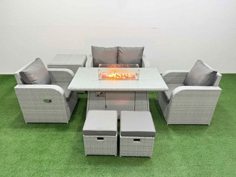 Fimous Light Grey PE Wicker Rattan Garden Furniture Set Sofa Set Reclining Chair Firepit Dining Table 6 Seater 2 Small Stools Side Table