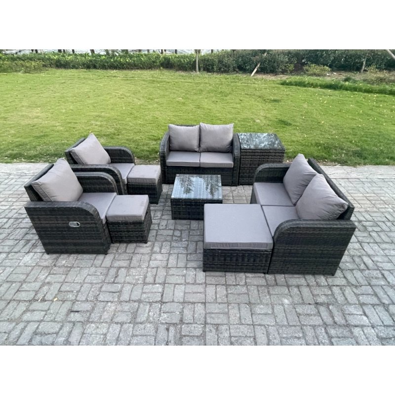 Fimous Garden Furniture Set Rattan Outdoor Lounge Sofa Chair With Tempered Glass Table 3 Footstools Side Table Dark Grey Mixed