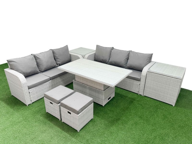 Fimous Outdoor Garden Furniture Sets 8 Seater Wicker Rattan Furniture Sofa Sets with Adjustable Lifting Dining or Coffee Table high Back Lounge Sofa Stools 2 Side Table Light Grey