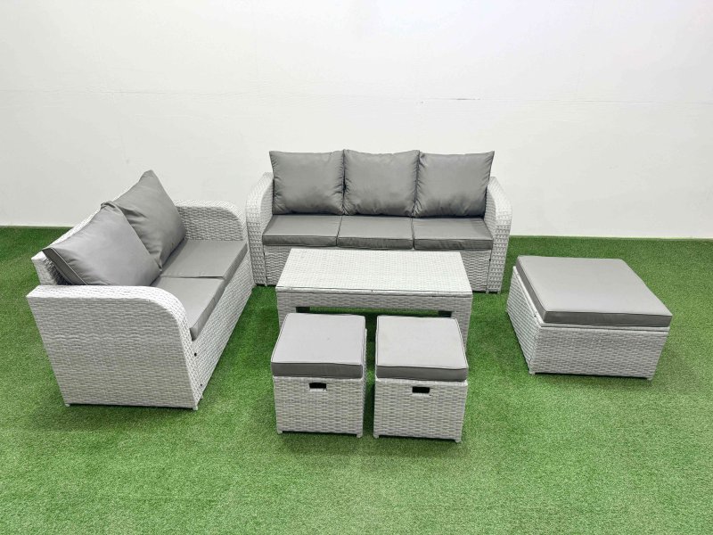 Fimous 8 Seater PE Rattan Wicker Garden Furniture Patio Conservatory Sofa Set with Oblong Coffee Table 3 Seater Sofa Love Sofa 3 Stool