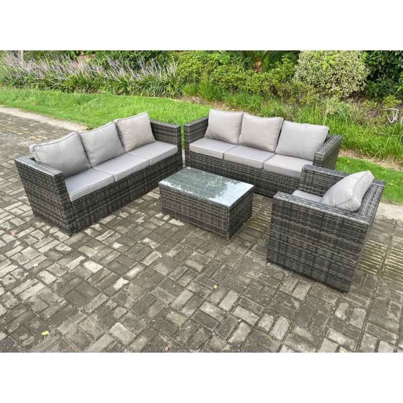 Fimous 7 Seater Rattan Garden Furniture Set Indoor Outdoor Patio Sofa Set with Oblong Coffee Table Armchair Dark Grey Mixed