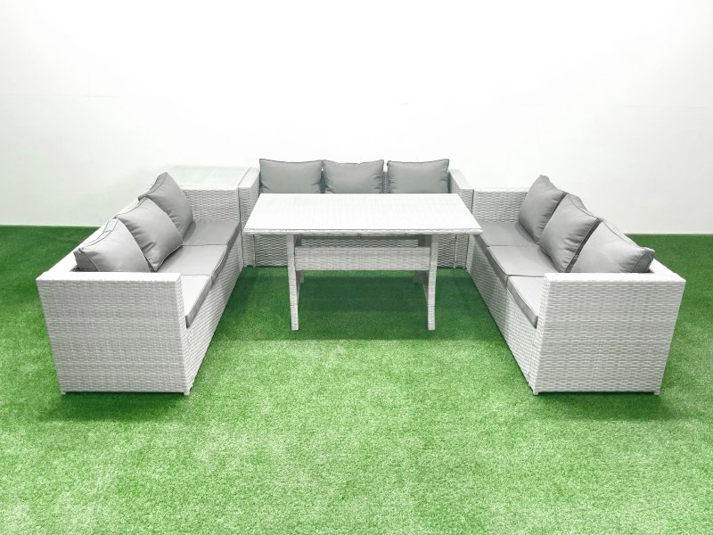 Fimous Rattan Garden Outdoor Furniture Set 9 Seater Garden Sofa Rectangulr Dining Table Set with Side Table Light Grey Mixed