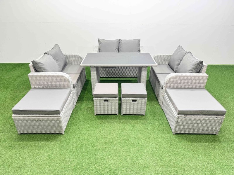 Fimous 10 Seater Patio Garden Furniture Sets with Black Glass Top Dining Table Love Sofa 2 Side Tables 4 Stools Light Grey