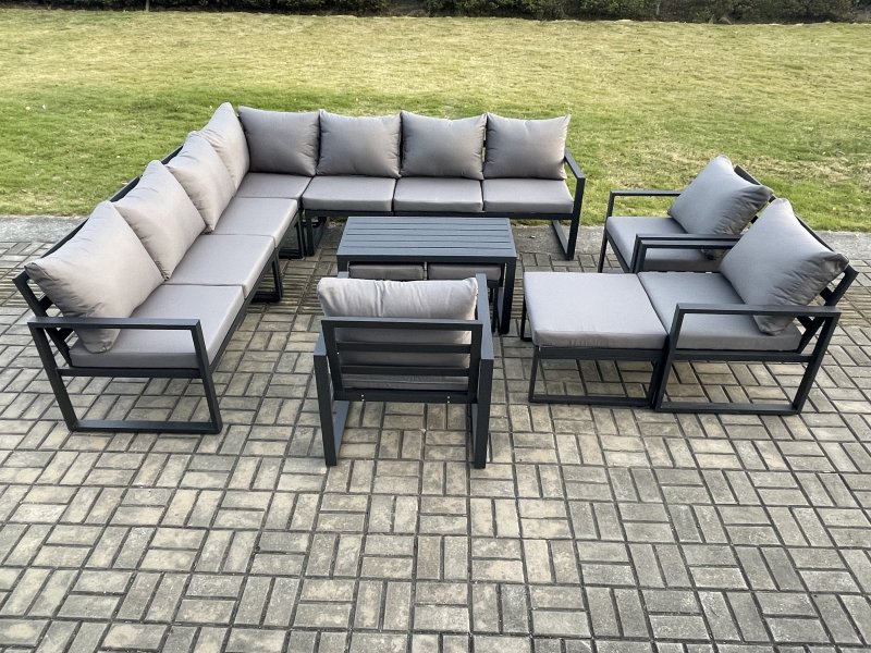 Fimous Aluminium 13 Seater Outdoor Garden Furniture Set Lounge Corner Sofa Oblong Coffee Table 3 Pcs Chair Sets with 3 Footstools Dark Grey