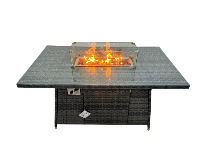 Fimous Poly Rattan Outdoor Patio Gas Firpit Dining Table Corner Sofa Set with Big Stool 2 Chairs for Garden Backyard Dark Grey Mixed