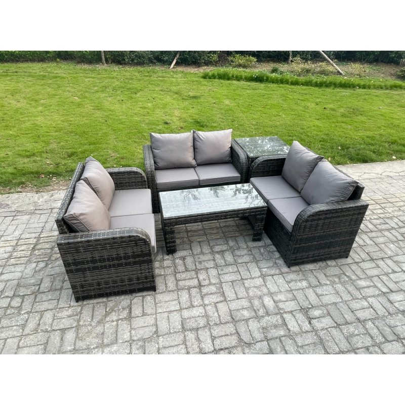 Fimous Rattan Garden Furniture Set 6 Seater Indoor Outdoor Patio Sofa Set with Coffee Table Loveseat Sofa Side Table Dark Grey Mixed