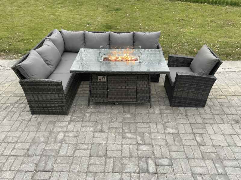 Fimous Rattan Garden Furniture High Back Corner Sofa Gas Fire Pit Dining Table Sets Gas Heater with Armchair 7 Seater Dark Grey Mixed