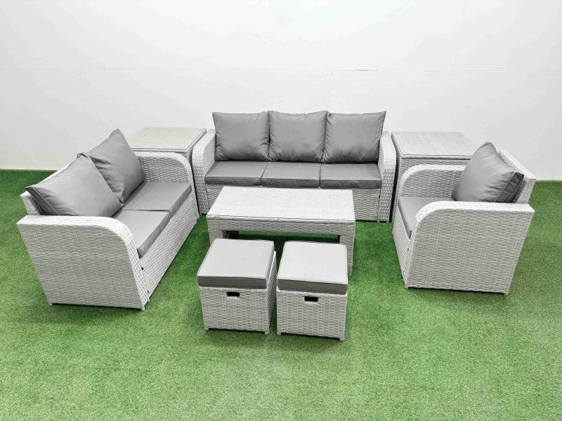 Fimous Patio PE Wicker 8 Seater Outdoor Rattan Furniture Sofa Sets with Oblong Coffee Table Reclining Chair Loveseat Sofa 3 Seater Sofa Stool 2 Side Table Light Grey