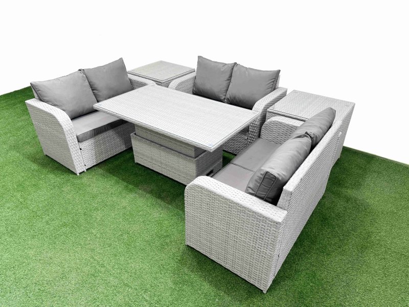 Fimous 6 Seater PE Wicker Rattan Furniture Sofa Sets with Adjustable Lifting Dining or Coffee Table 2 Seater Love Sofa 2 Side Table Light Grey