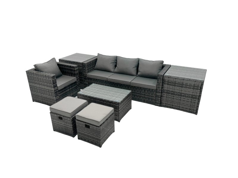 Fimous Outdoor Coffee Table Sofa Armchair Set with 2 Side Tables 2 Small Footstools Garden Furniture Set Dark Grey Mixed